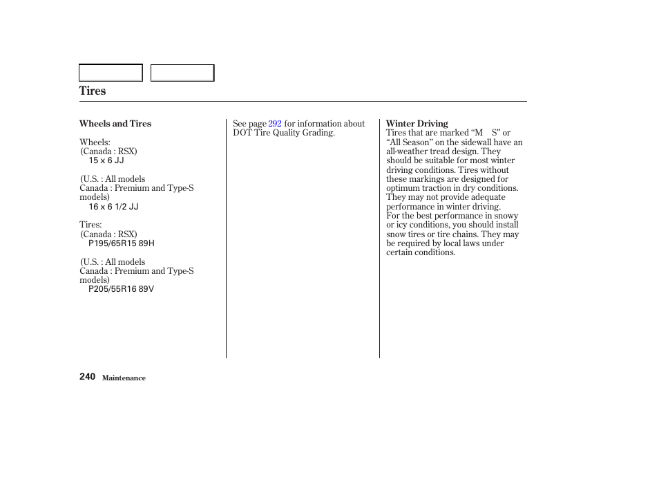 Tires | Acura 2003 RSX - Owner's Manual User Manual | Page 243 / 320