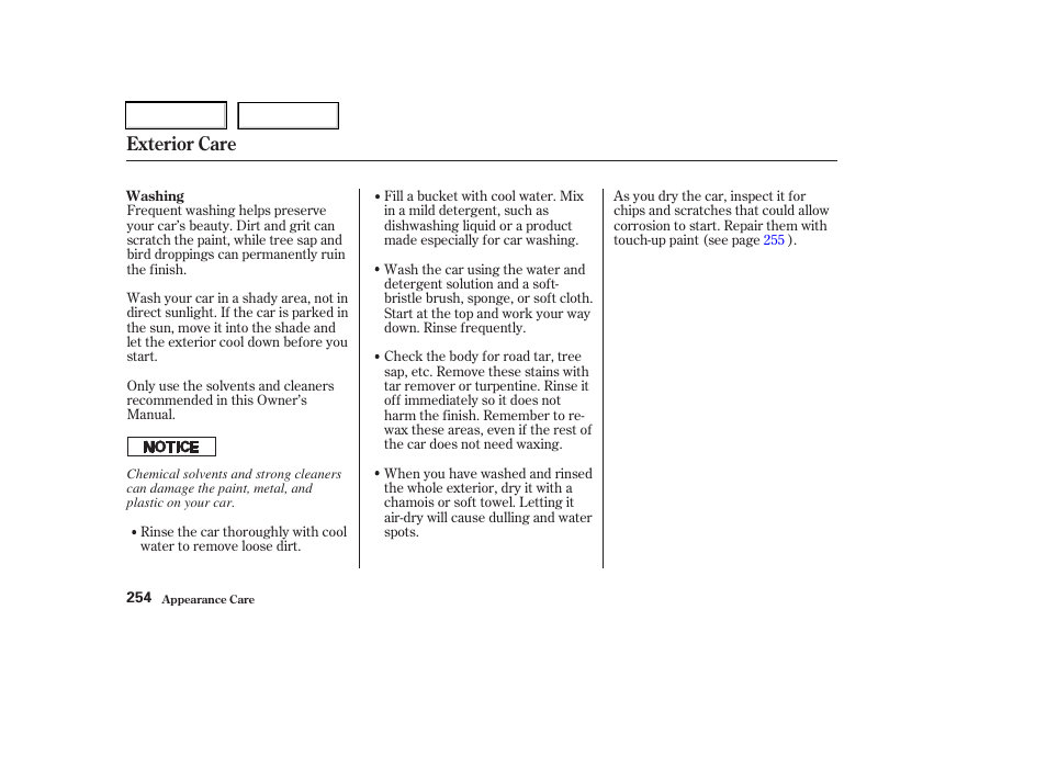 Exterior care | Acura 2003 RSX - Owner's Manual User Manual | Page 257 / 320