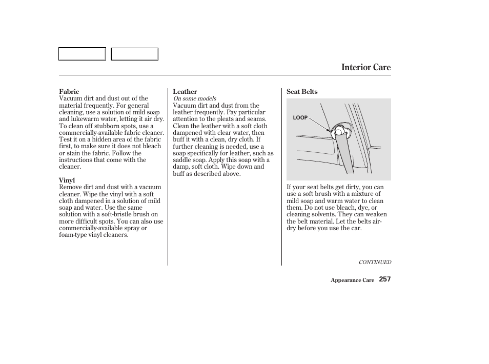 Interior care | Acura 2003 RSX - Owner's Manual User Manual | Page 260 / 320