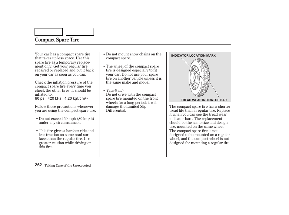 Compact spare tire | Acura 2003 RSX - Owner's Manual User Manual | Page 265 / 320