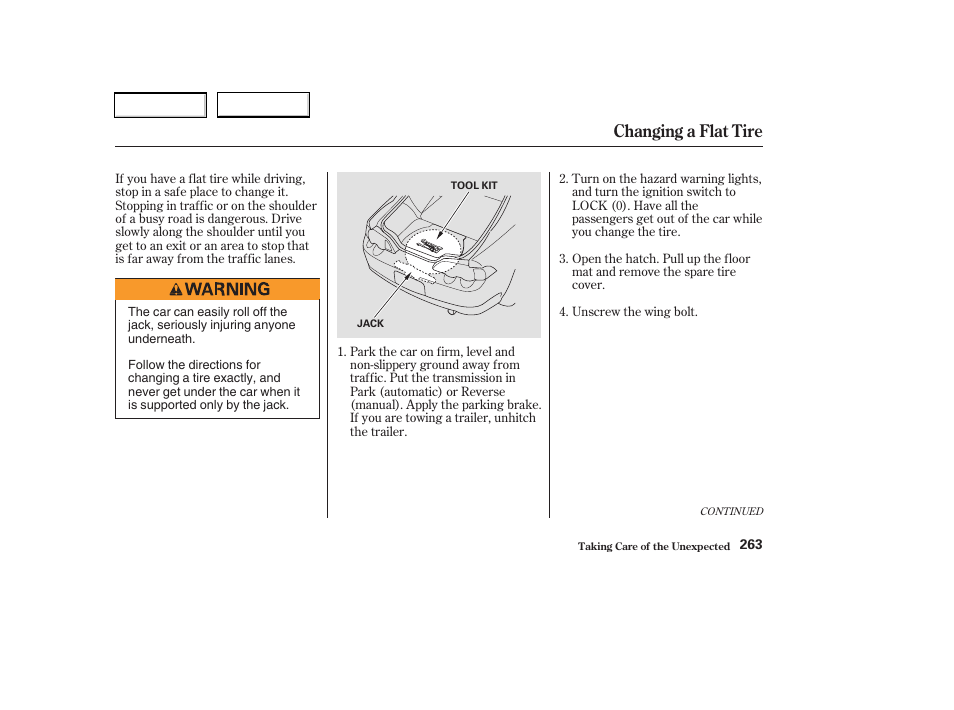 Changing a flat tire | Acura 2003 RSX - Owner's Manual User Manual | Page 266 / 320