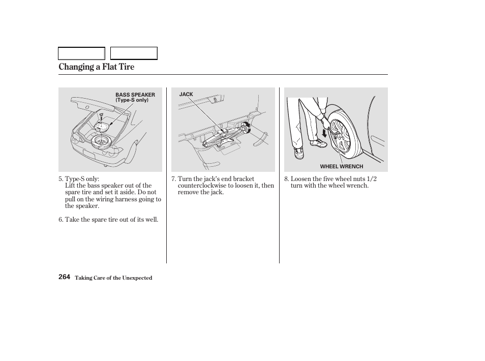 Changing a flat tire | Acura 2003 RSX - Owner's Manual User Manual | Page 267 / 320