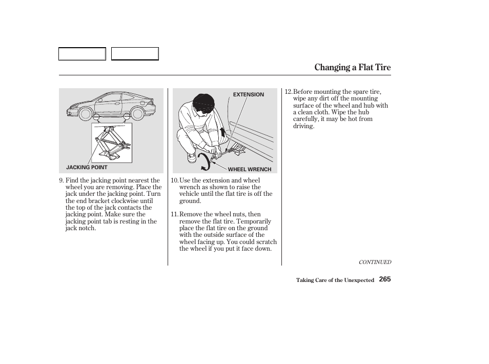 Changing a flat tire | Acura 2003 RSX - Owner's Manual User Manual | Page 268 / 320