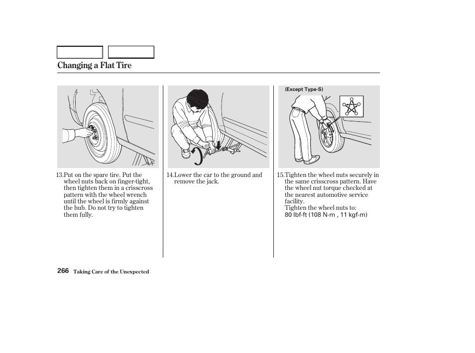 Changing a flat tire | Acura 2003 RSX - Owner's Manual User Manual | Page 269 / 320