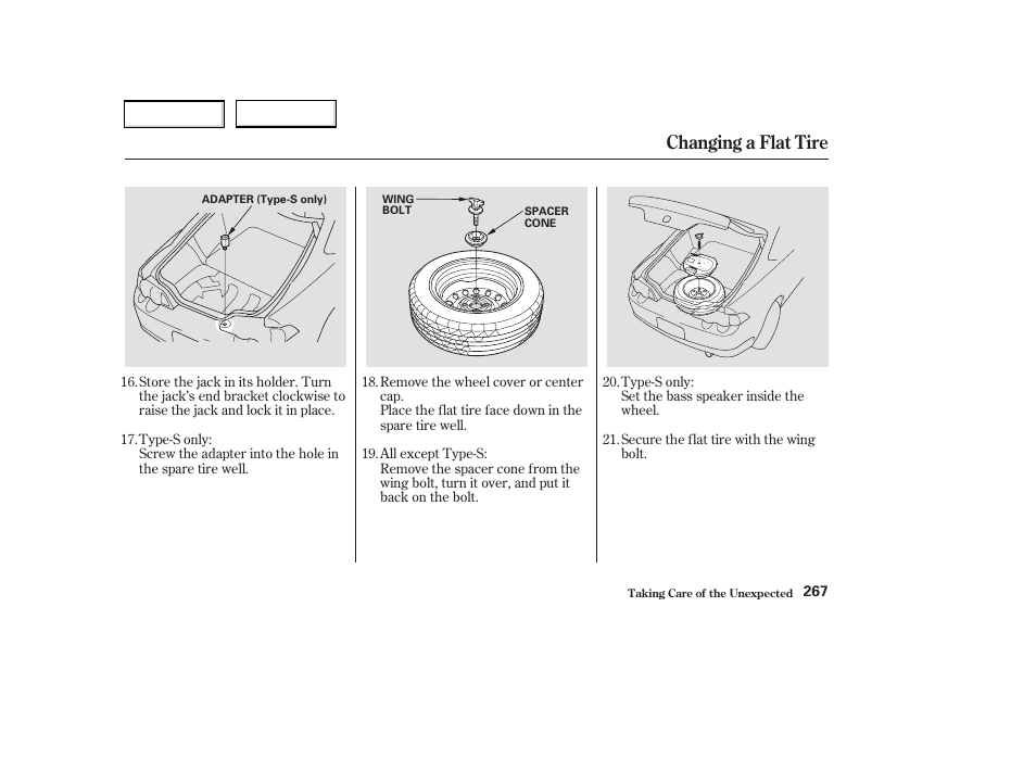 Changing a flat tire | Acura 2003 RSX - Owner's Manual User Manual | Page 270 / 320