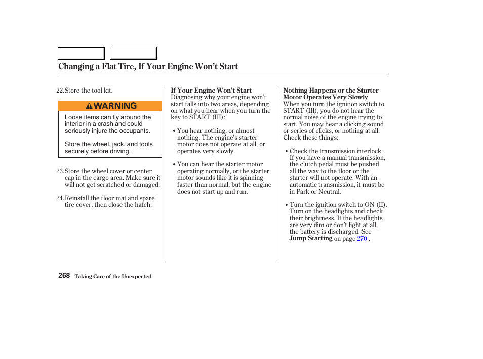 Changing a flat tire, if your engine won’t start | Acura 2003 RSX - Owner's Manual User Manual | Page 271 / 320
