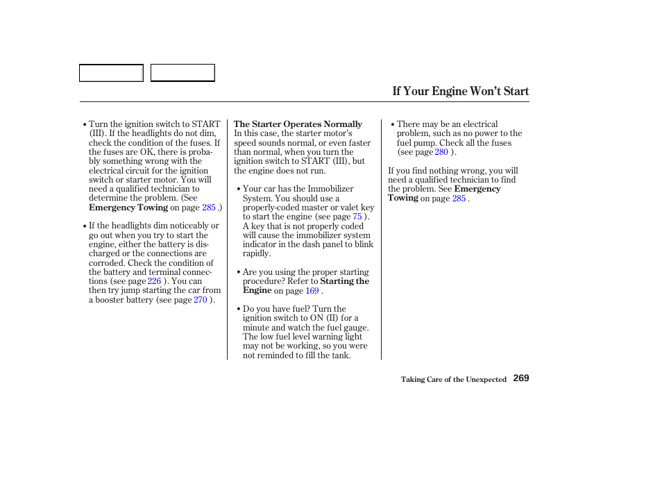 If your engine won’t start | Acura 2003 RSX - Owner's Manual User Manual | Page 272 / 320