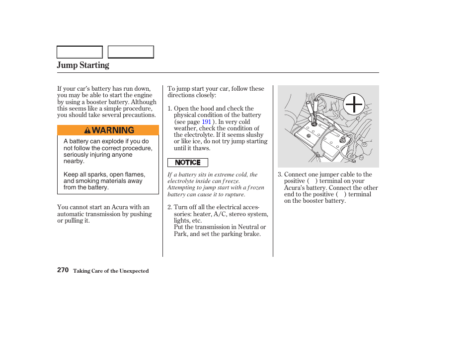 Jump starting | Acura 2003 RSX - Owner's Manual User Manual | Page 273 / 320