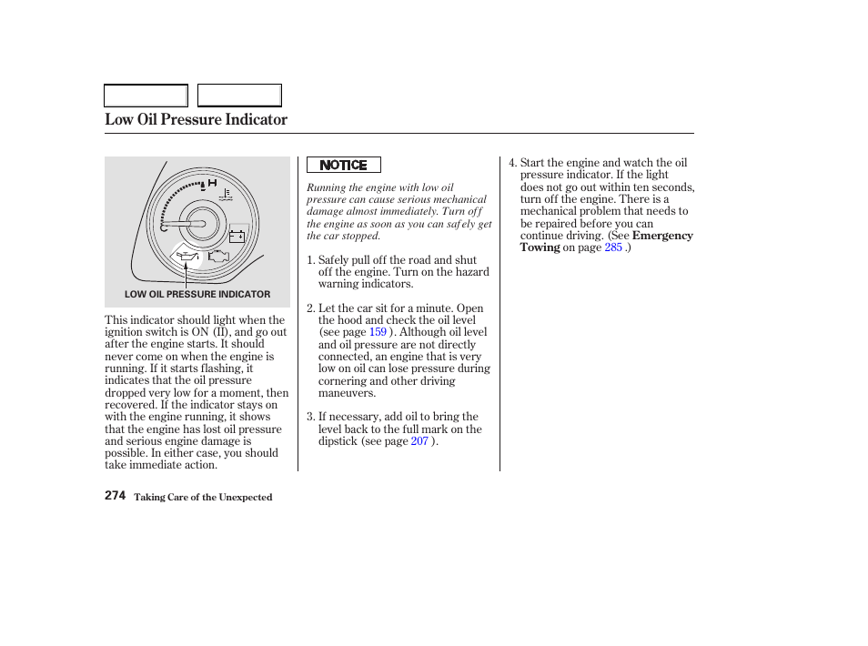 Low oil pressure indicator | Acura 2003 RSX - Owner's Manual User Manual | Page 277 / 320