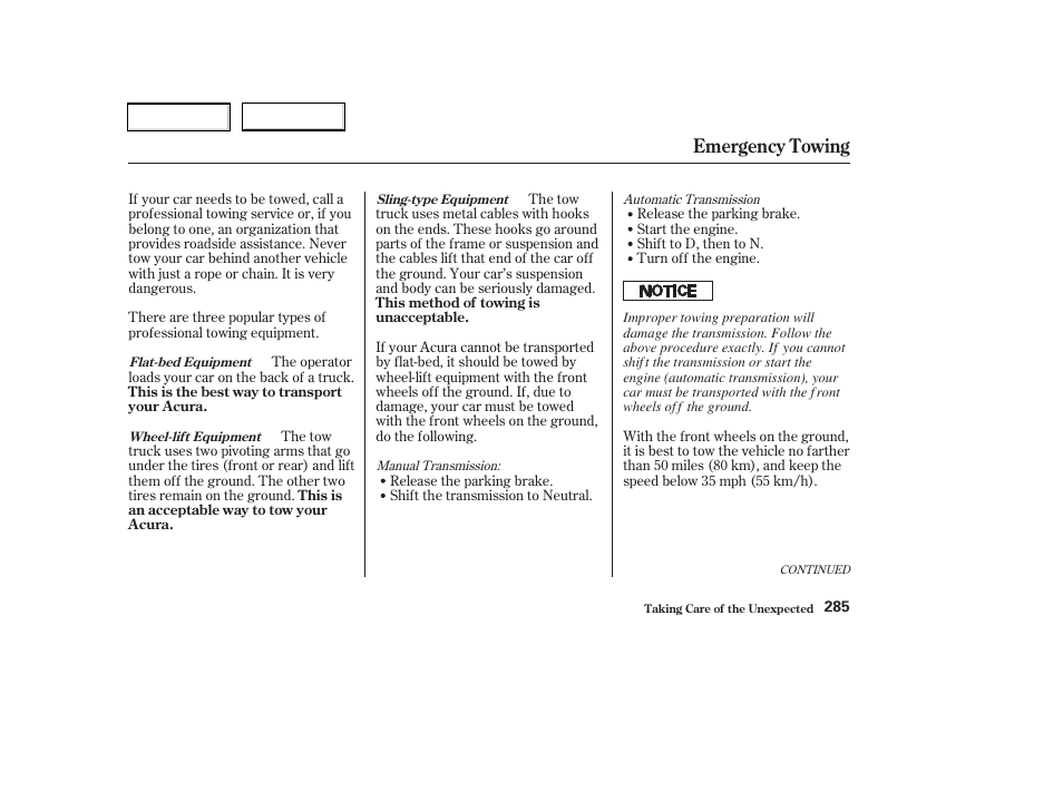 Emergency towing | Acura 2003 RSX - Owner's Manual User Manual | Page 288 / 320