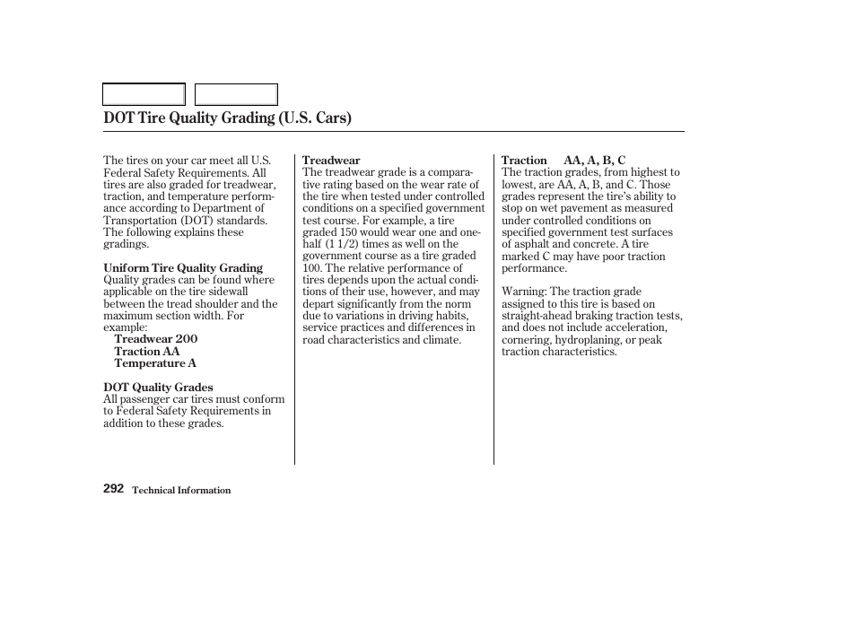 Dot tire quality grading (u.s. cars) | Acura 2003 RSX - Owner's Manual User Manual | Page 295 / 320