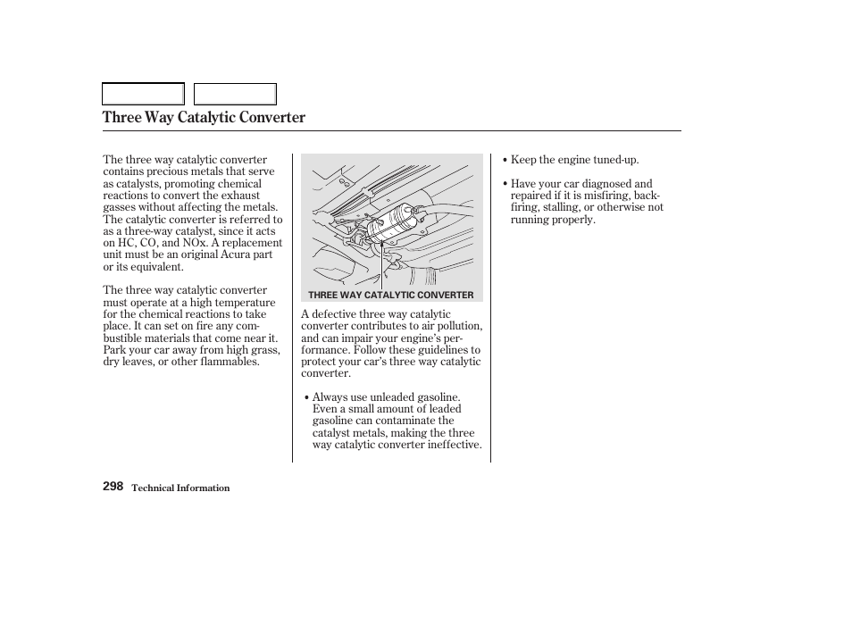 Three way catalytic converter | Acura 2003 RSX - Owner's Manual User Manual | Page 301 / 320