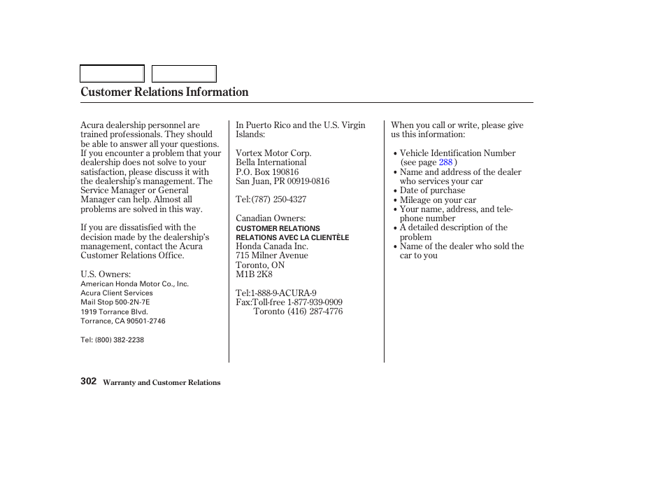 Customer relations information | Acura 2003 RSX - Owner's Manual User Manual | Page 305 / 320
