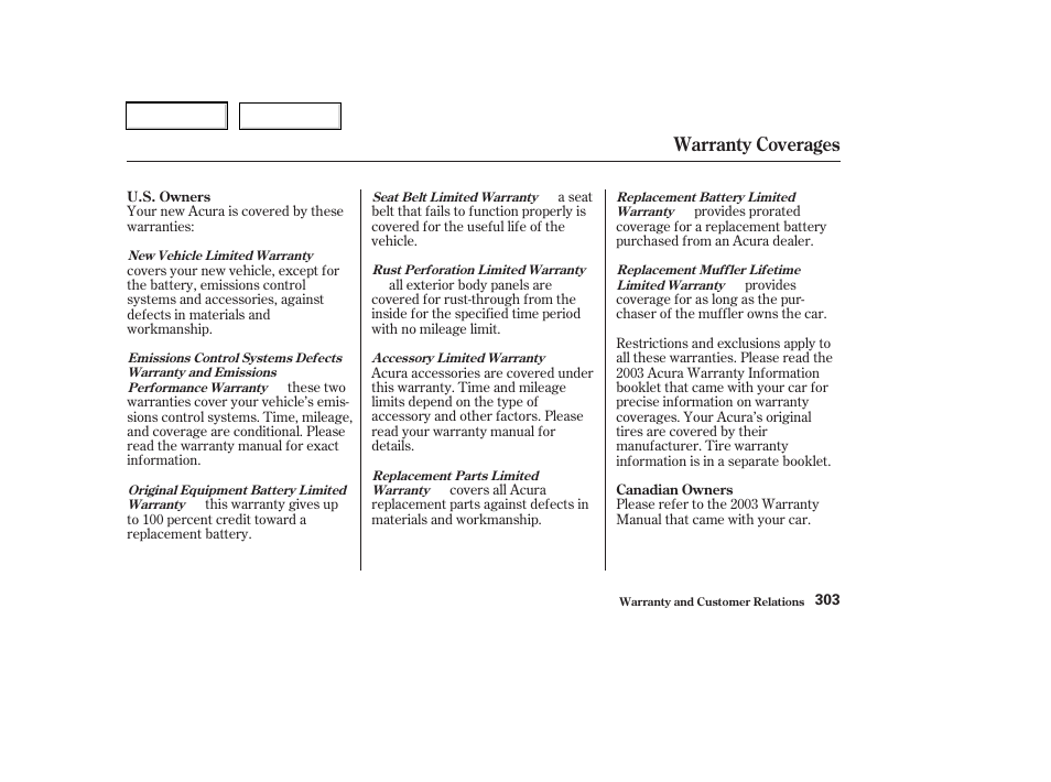 Warranty coverages | Acura 2003 RSX - Owner's Manual User Manual | Page 306 / 320