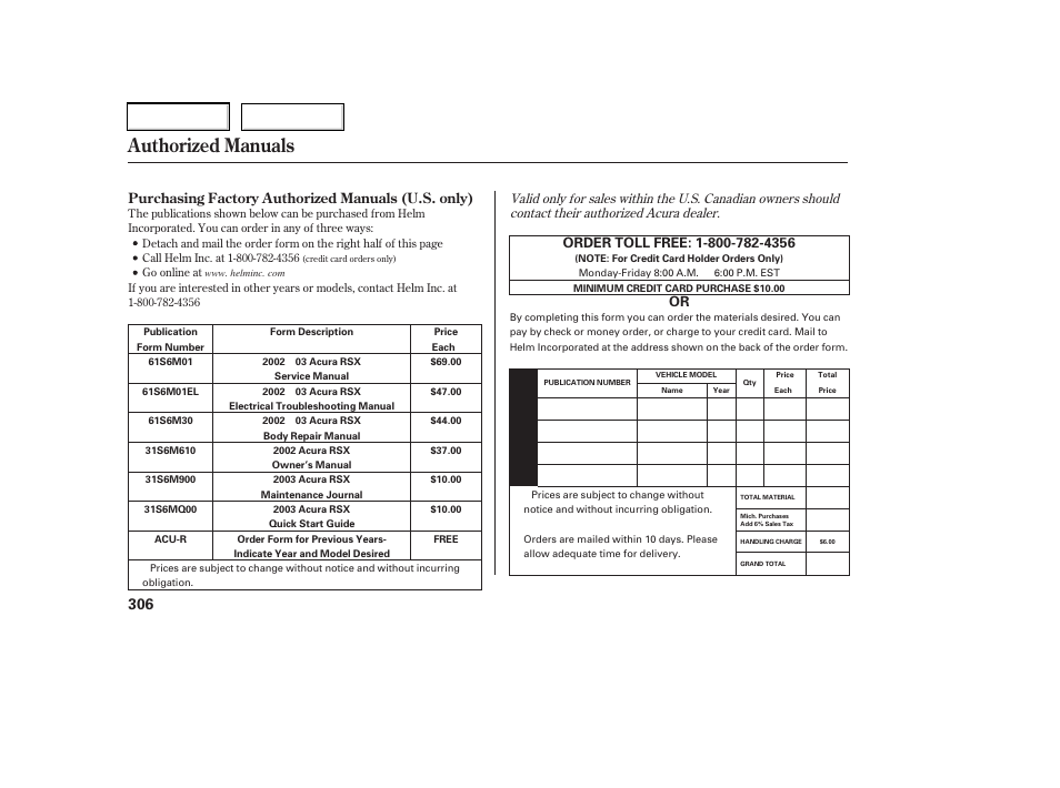 Authorized manuals | Acura 2003 RSX - Owner's Manual User Manual | Page 309 / 320