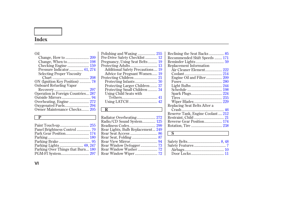 Index | Acura 2003 RSX - Owner's Manual User Manual | Page 316 / 320