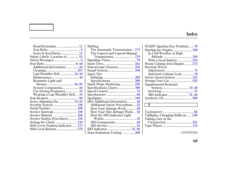 Index | Acura 2003 RSX - Owner's Manual User Manual | Page 317 / 320