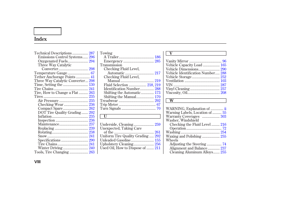 Index | Acura 2003 RSX - Owner's Manual User Manual | Page 318 / 320