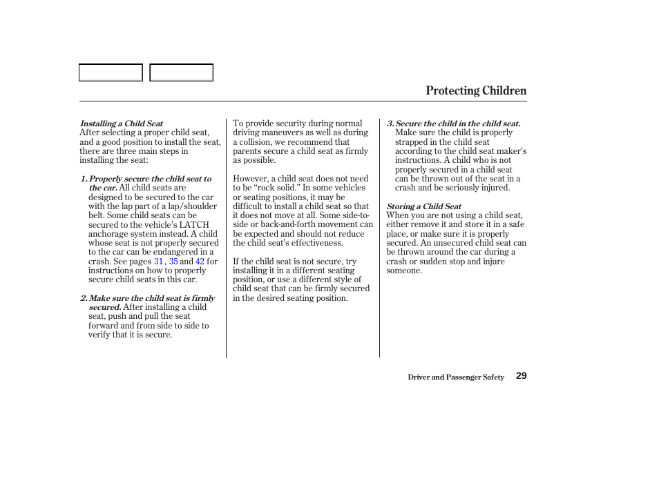 Protecting children | Acura 2003 RSX - Owner's Manual User Manual | Page 32 / 320