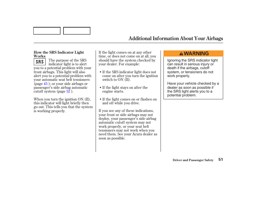 Additional information about your airbags | Acura 2003 RSX - Owner's Manual User Manual | Page 54 / 320