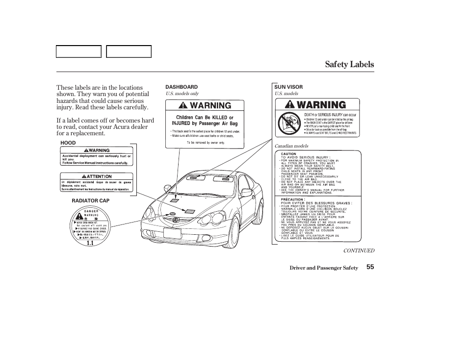 Safety labels | Acura 2003 RSX - Owner's Manual User Manual | Page 58 / 320