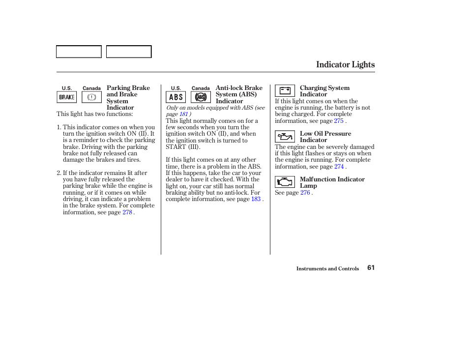 Indicator lights | Acura 2003 RSX - Owner's Manual User Manual | Page 64 / 320