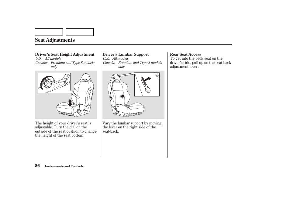 Seat adjustments | Acura 2003 RSX - Owner's Manual User Manual | Page 89 / 320