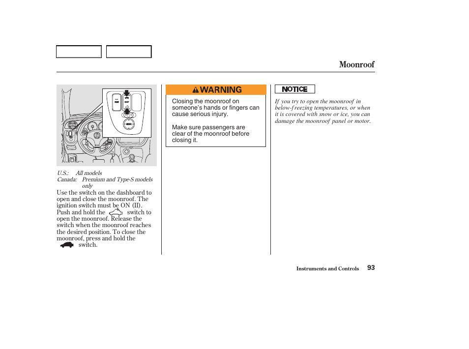 Moonroof | Acura 2003 RSX - Owner's Manual User Manual | Page 96 / 320