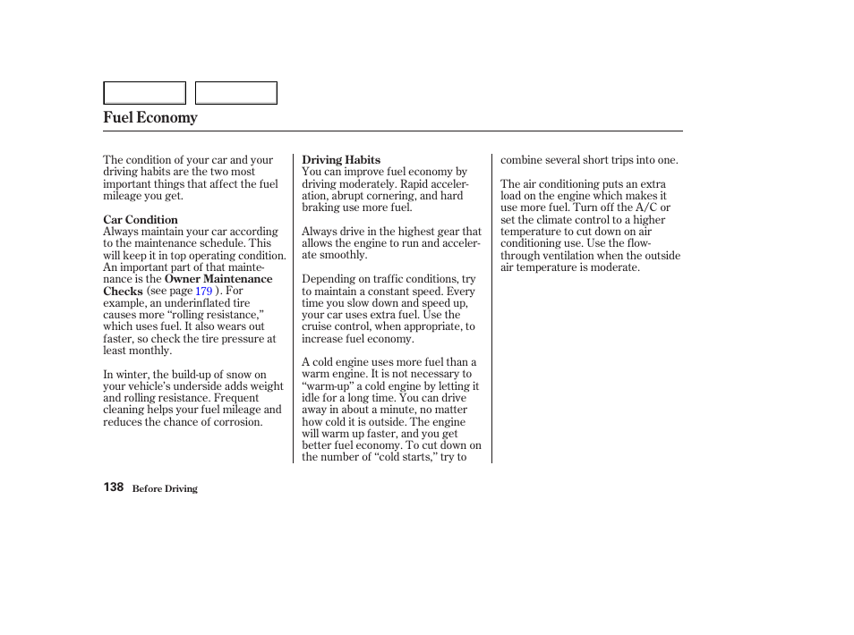 Fuel economy | Acura 2003 NSX - Owner's Manual User Manual | Page 141 / 303