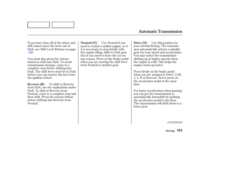 Automatic transmission | Acura 2003 NSX - Owner's Manual User Manual | Page 156 / 303