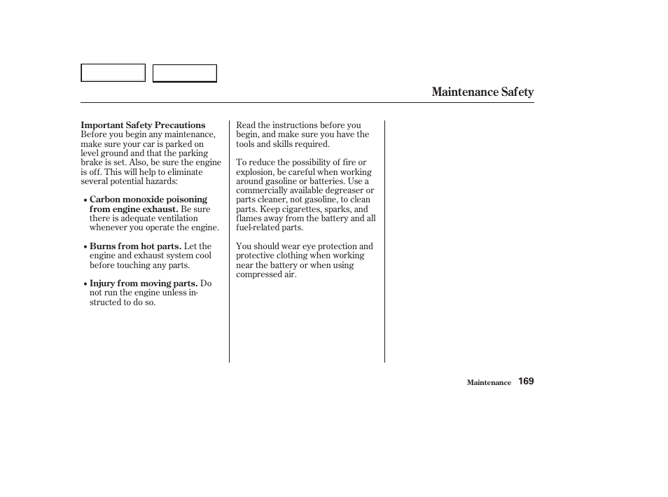 Maintenance safety | Acura 2003 NSX - Owner's Manual User Manual | Page 172 / 303