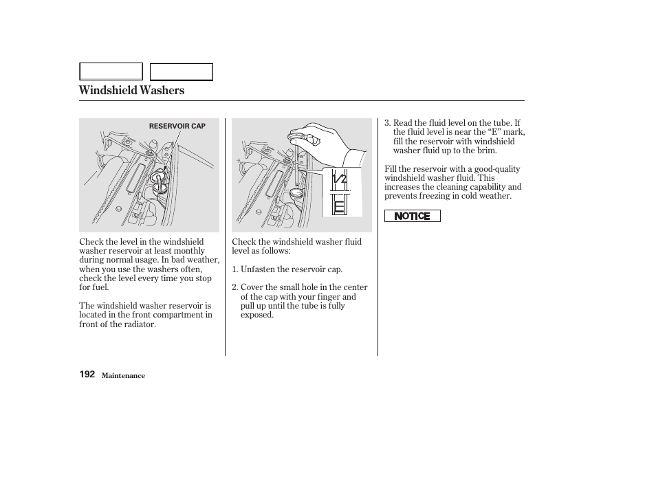 Windshield washers | Acura 2003 NSX - Owner's Manual User Manual | Page 195 / 303