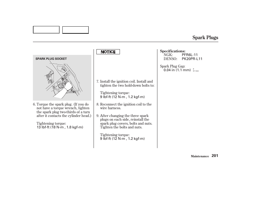 Spark plugs | Acura 2003 NSX - Owner's Manual User Manual | Page 204 / 303