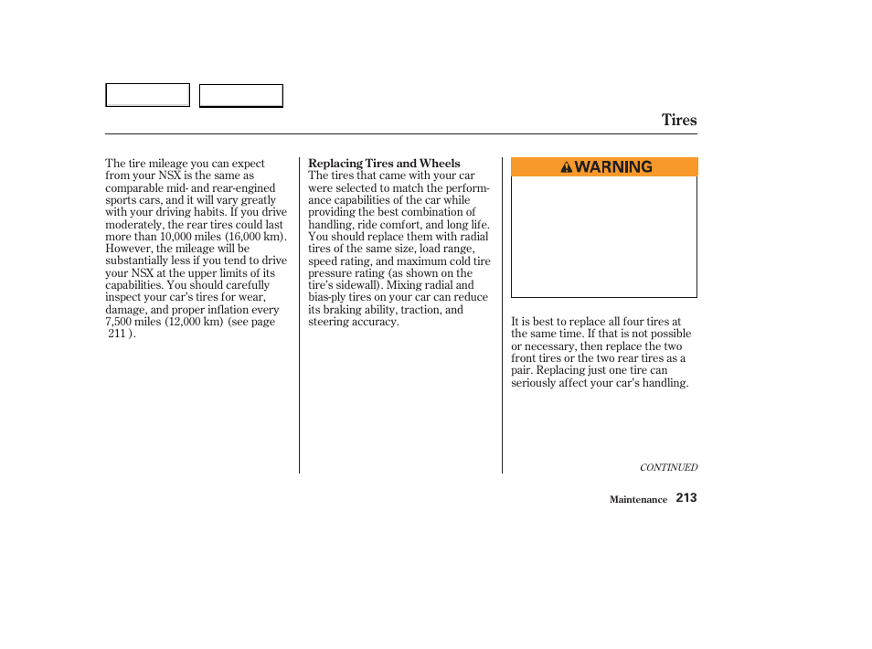 Tires | Acura 2003 NSX - Owner's Manual User Manual | Page 216 / 303