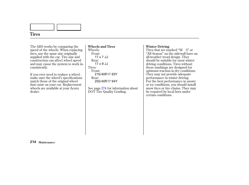 Tires | Acura 2003 NSX - Owner's Manual User Manual | Page 217 / 303