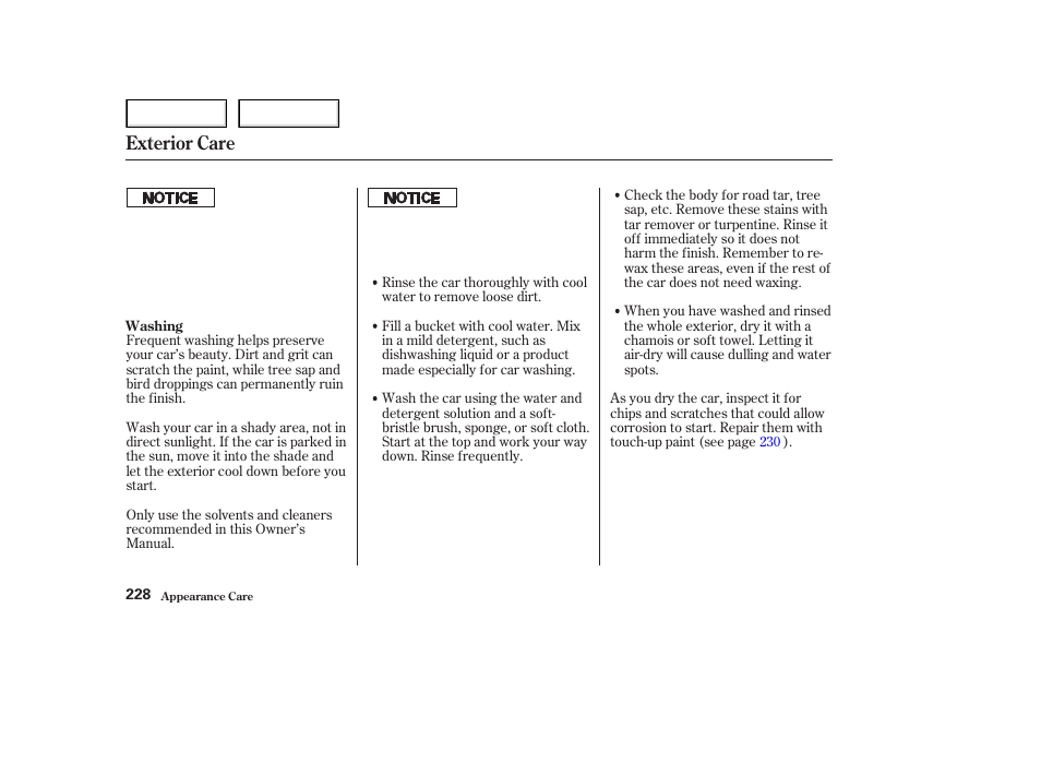 Exterior care | Acura 2003 NSX - Owner's Manual User Manual | Page 231 / 303