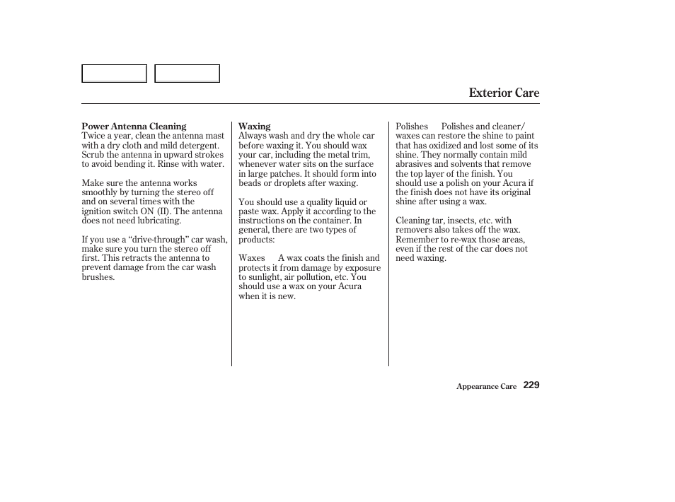 Exterior care | Acura 2003 NSX - Owner's Manual User Manual | Page 232 / 303