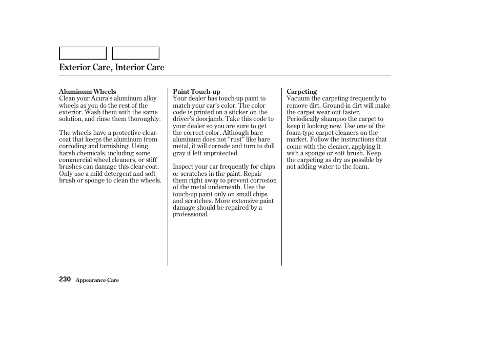 Exterior care, interior care | Acura 2003 NSX - Owner's Manual User Manual | Page 233 / 303