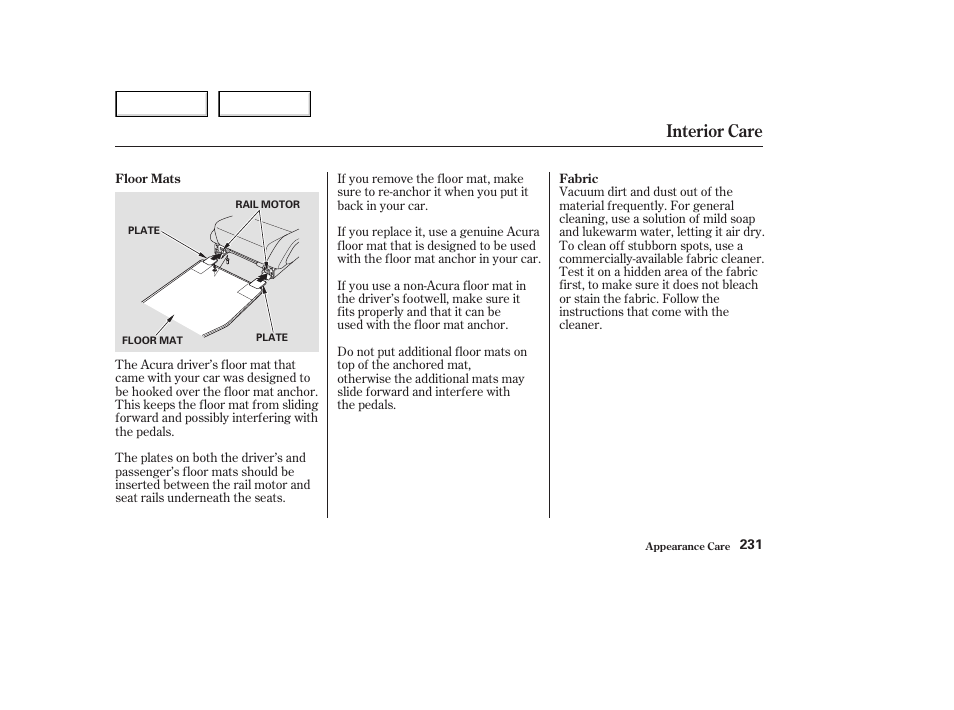 Interior care | Acura 2003 NSX - Owner's Manual User Manual | Page 234 / 303