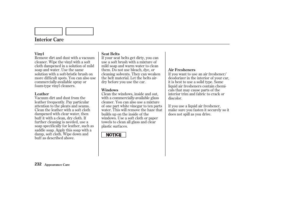 Interior care | Acura 2003 NSX - Owner's Manual User Manual | Page 235 / 303