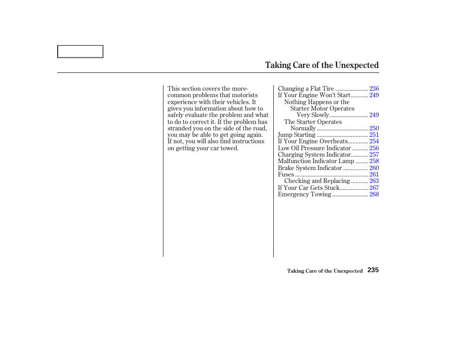 Taking care of the unexpected | Acura 2003 NSX - Owner's Manual User Manual | Page 238 / 303