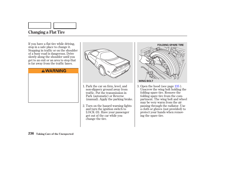 Changing a flat tire | Acura 2003 NSX - Owner's Manual User Manual | Page 239 / 303