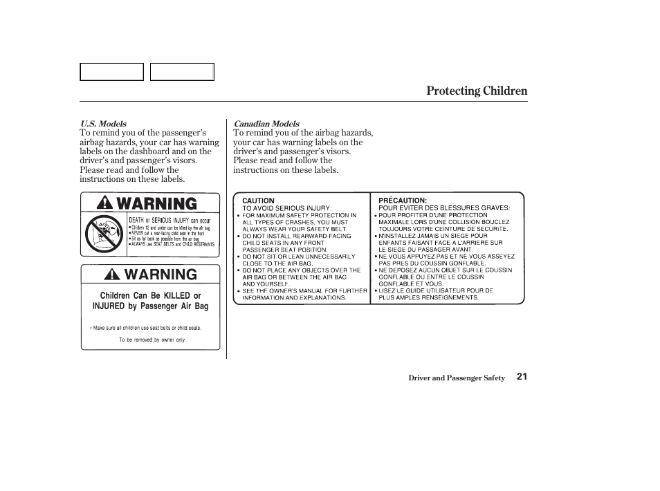 Protecting children | Acura 2003 NSX - Owner's Manual User Manual | Page 24 / 303