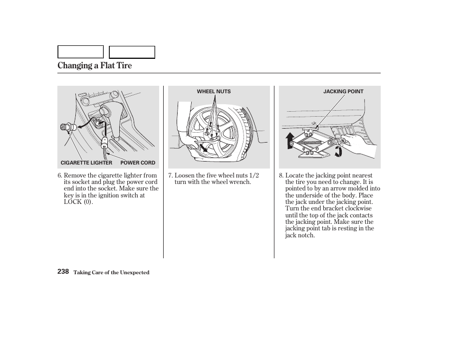 Changing a flat tire | Acura 2003 NSX - Owner's Manual User Manual | Page 241 / 303