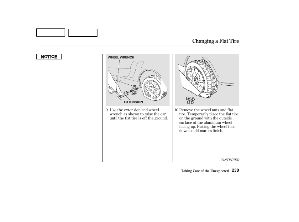 Changing a flat tire | Acura 2003 NSX - Owner's Manual User Manual | Page 242 / 303