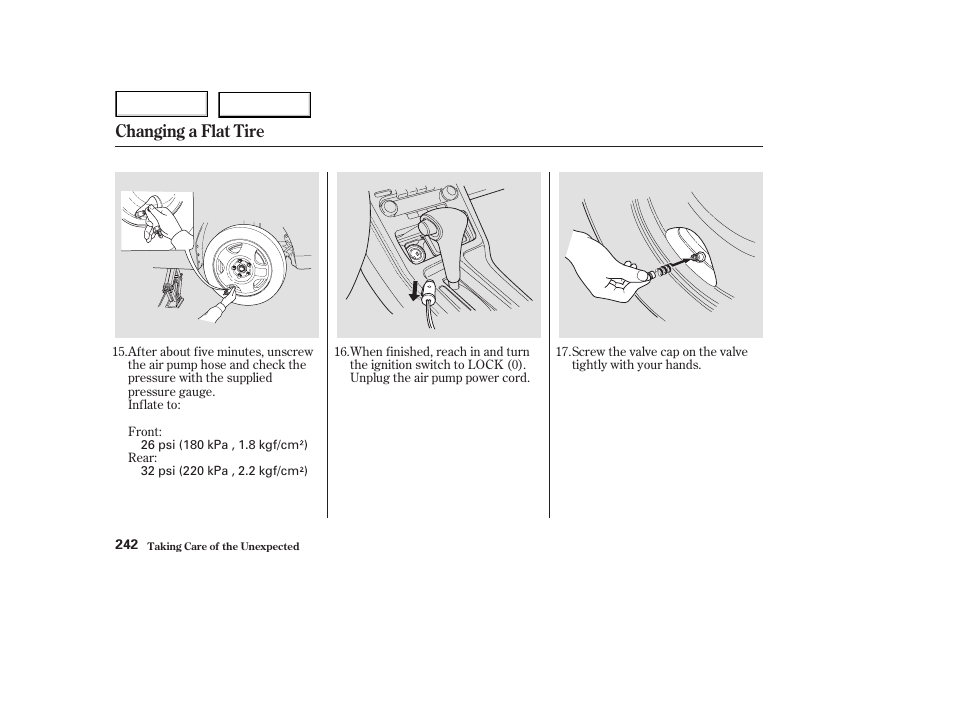 Changing a flat tire | Acura 2003 NSX - Owner's Manual User Manual | Page 245 / 303