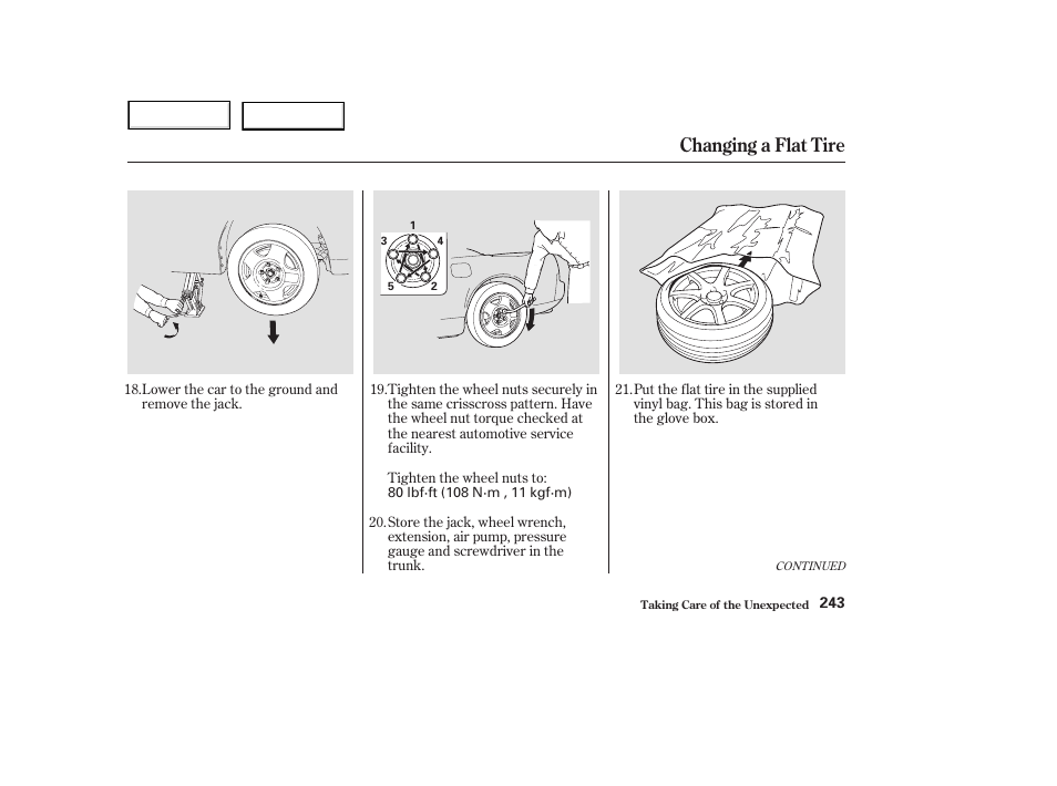 Changing a flat tire | Acura 2003 NSX - Owner's Manual User Manual | Page 246 / 303