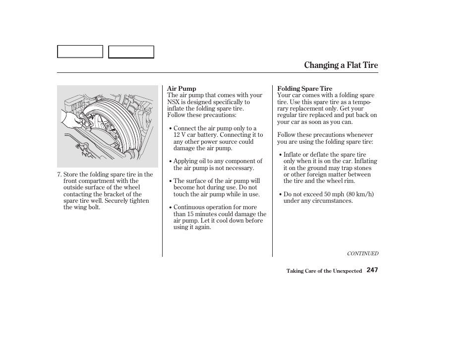 Changing a flat tire | Acura 2003 NSX - Owner's Manual User Manual | Page 250 / 303