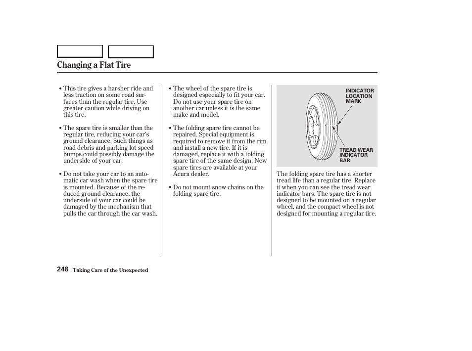 Changing a flat tire | Acura 2003 NSX - Owner's Manual User Manual | Page 251 / 303