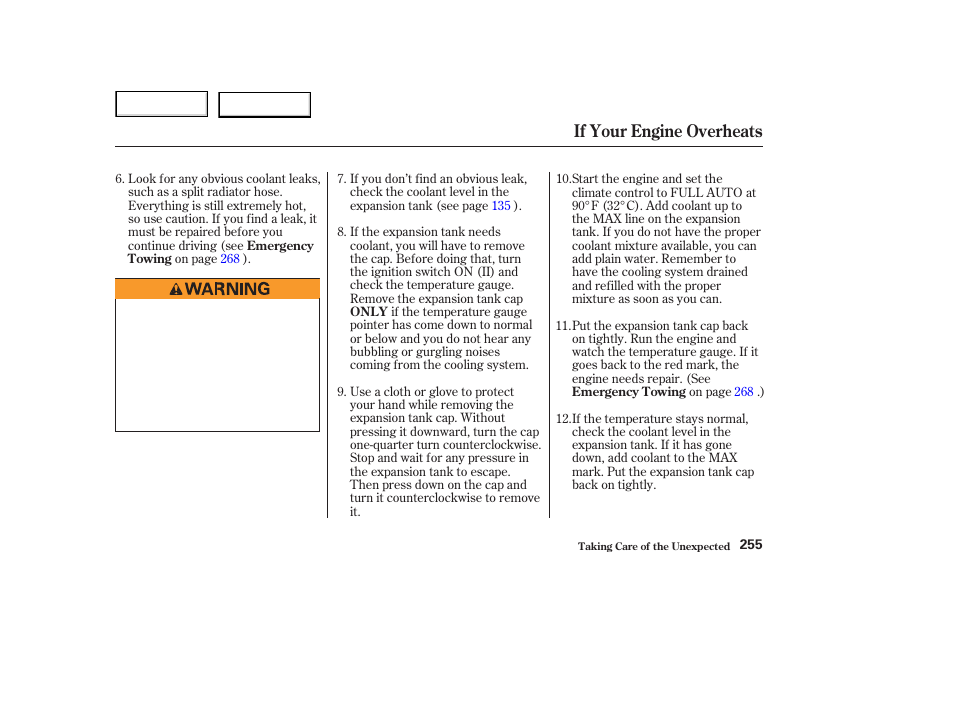 If your engine overheats | Acura 2003 NSX - Owner's Manual User Manual | Page 258 / 303